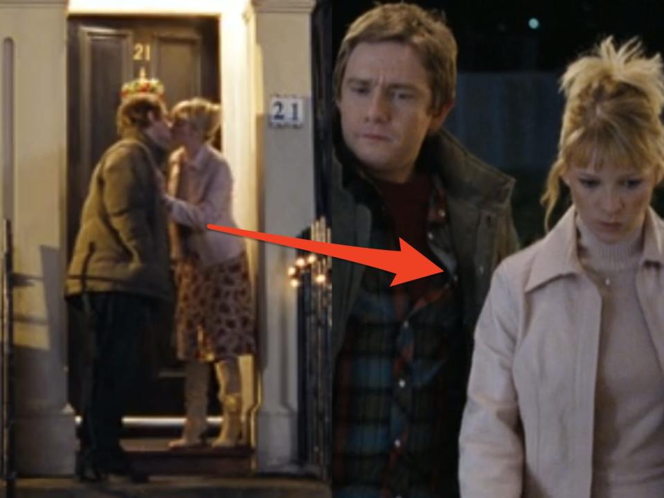 arrow indicating john and judy wearing the same outfits in two scenes from love actually