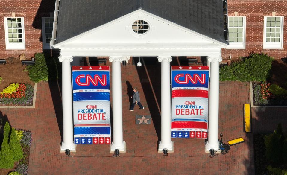 In an aerial view, signage for a CNN presidential debate is seen outside of their studios inside the Turner Entertainment Networks on June 26, 2024 in Atlanta, Georgia (Getty Images)