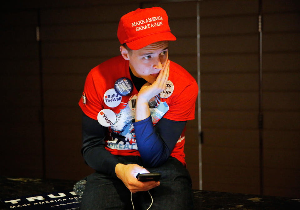 A Trump supporter waits for the Trump rally to begin at the Hilton Hotel during the U.S. presidential election in New York City, New York, on Nov. 8.