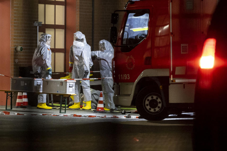 Substances found during the search are examined on the premises of the fire department in Castrop-Rauxel, Sunday, Jan.8, 2023. In Castrop-Rauxel, there was a large-scale operation by the police and fire department on Saturday evening. A special task force (SEK) was also on the scene, a police spokeswoman told the German Press Agency on Saturday evening. (Christoph Reichwein/dpa via AP)