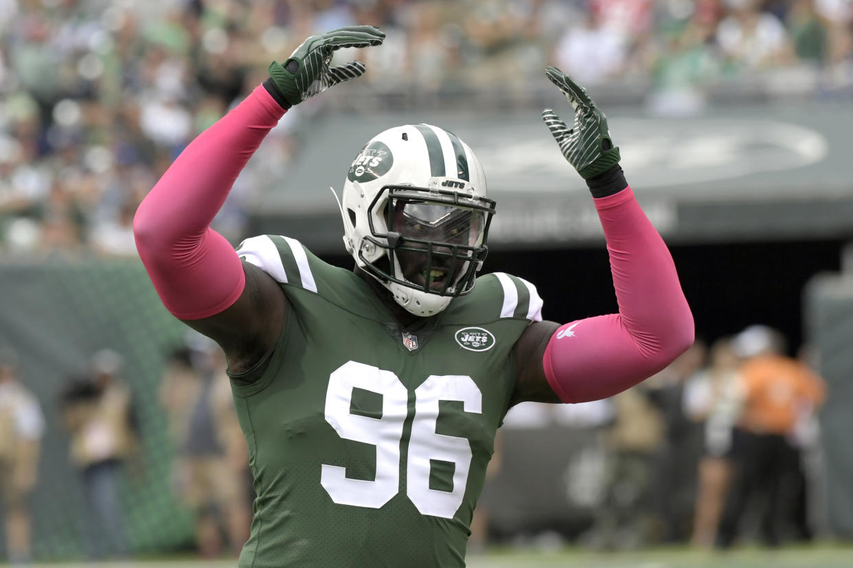 New York Jets defensive end Muhammad Wilkerson (96) was cut by the team after two underachieving seasons. (AP)