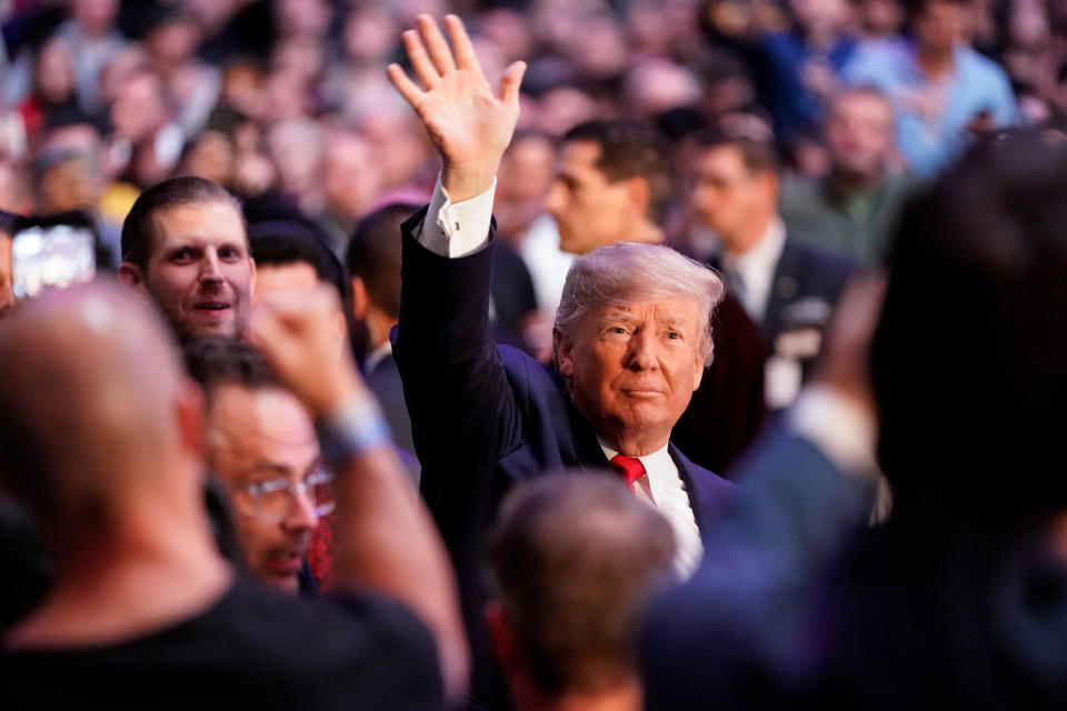 U.S. President Donald Trump waves as he arrives to watch a mixed martial arts fight in Madison Square Garden in New York, New York, U.S., November 2, 2019.      REUTERS/Joshua Roberts