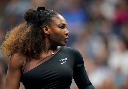Sept 8, 2018; New York, NY, USA; Serena Williams of the USA faces Naomi Osaka of Japan in the women’s final on day thirteen of the 2018 U.S. Open tennis tournament at USTA Billie Jean King National Tennis Center. Robert Deutsch-USA TODAY Sports