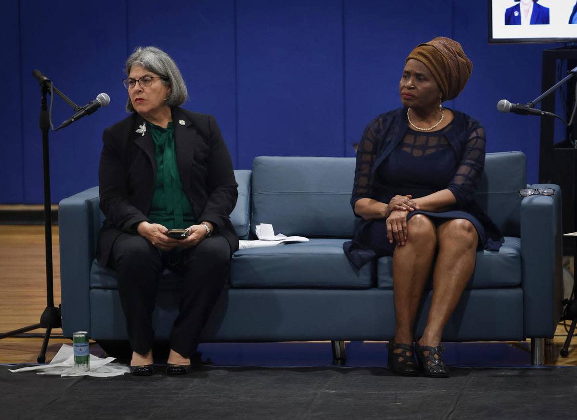 Mayor Daniella Levine Cava, left, and Commissioner Marleine Bastien during a town hall discussing the future of the Poinciana Industrial Park on Monday, Feb. 6, 2023, at the Gwen Cherry Park gymnasium.