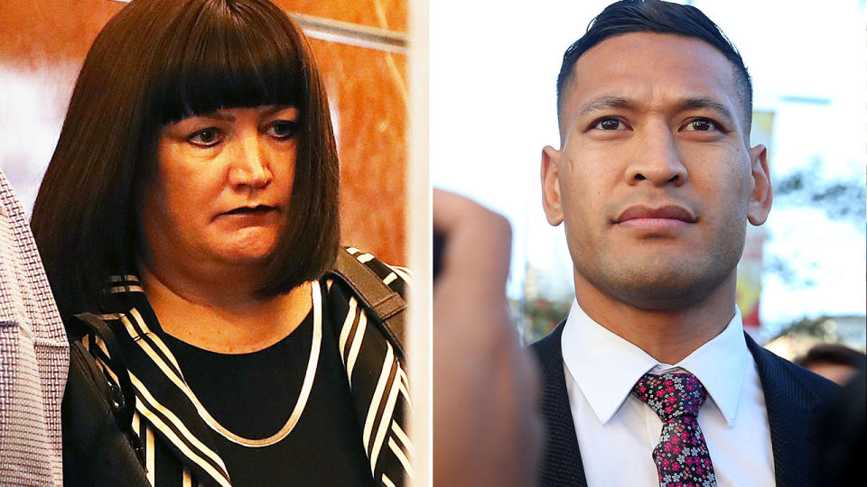 Rugby Australia boss Raelene Castle and Israel Folau at the Fair Work Commission in June. Image: Getty 