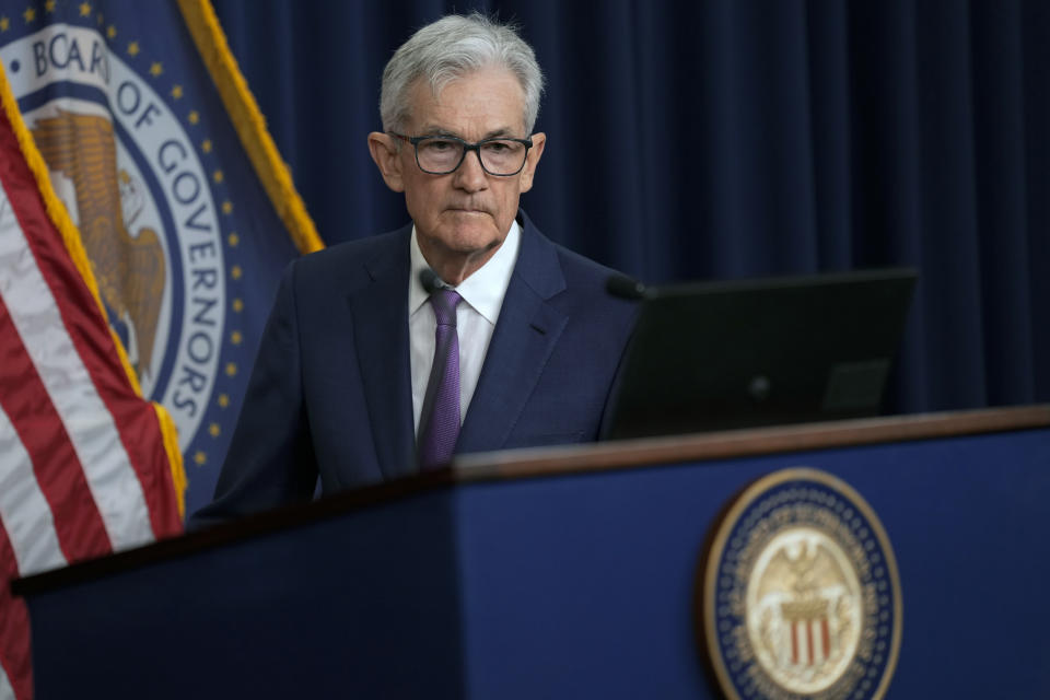 Federal Reserve Board Chair Jerome Powell arrives for a news conference at the Federal Reserve in Washington, Wednesday, May 1, 2024. (AP Photo/Susan Walsh)