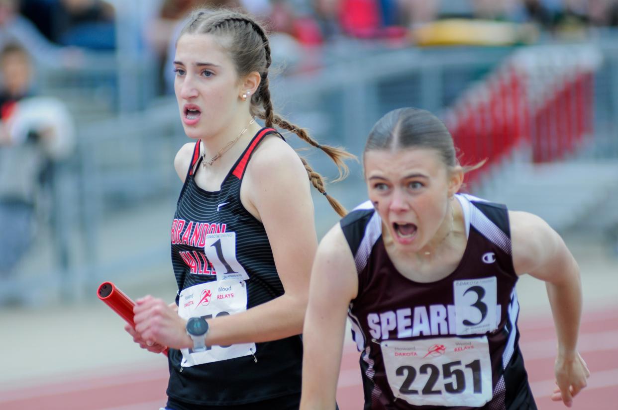 Brandon Valley's Ellie Anders competes in the 4x800 on Friday, May 3, 2024 at Howard Wood Field in Sioux Falls.
