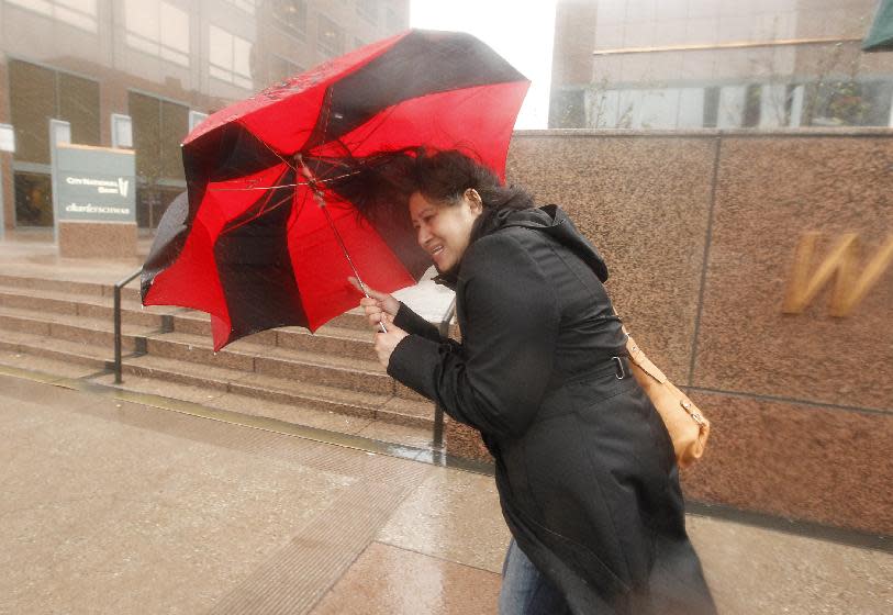 A pedestrian blocks the heavy winds with her umbrella in Los Angeles, Friday, Feb. 28, 2014. The first wave of a powerful Pacific storm spread rain and snow early Friday through much of California, where communities endangered by a wildfire just weeks ago now faced the threat of mud and debris flows. (AP Photo/Damian Dovarganes)