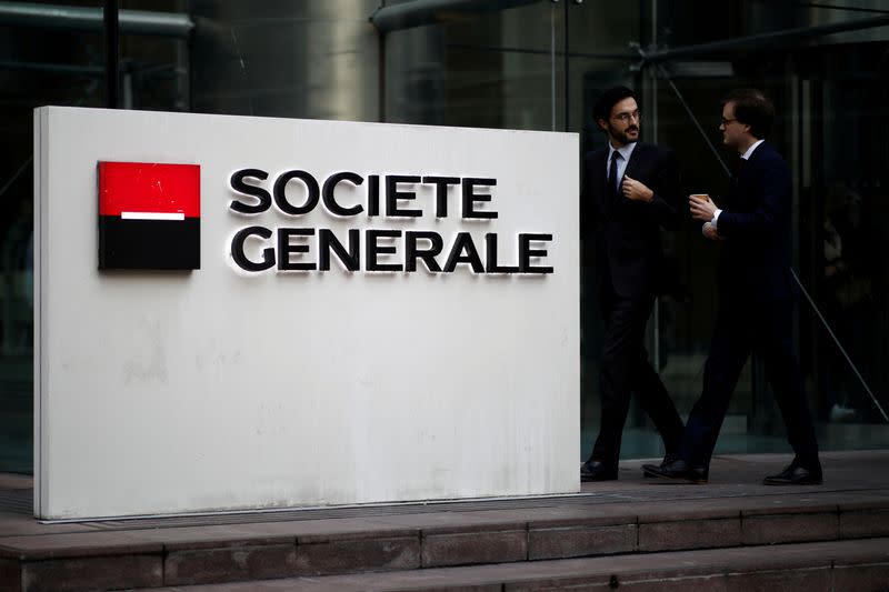 FILE PHOTO: The logo of Societe Generale is seen on the headquarters at the financial and business district of La Defense near Paris