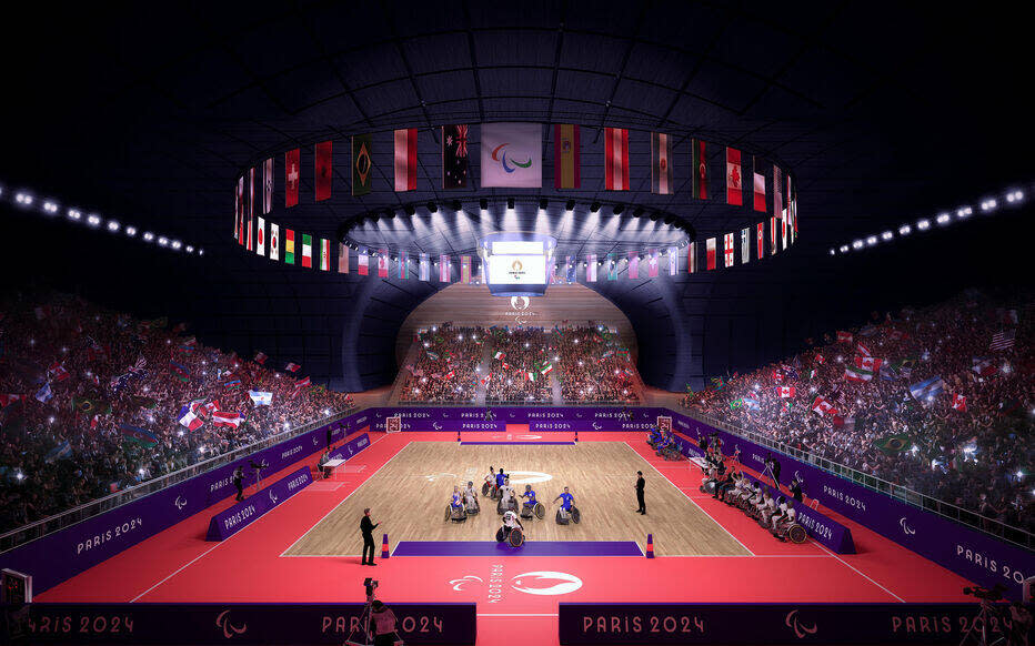 Un visuel du tournoi de basket fauteuil à l’Arena Bercy lors des Jeux paralympiques de Paris-2024.