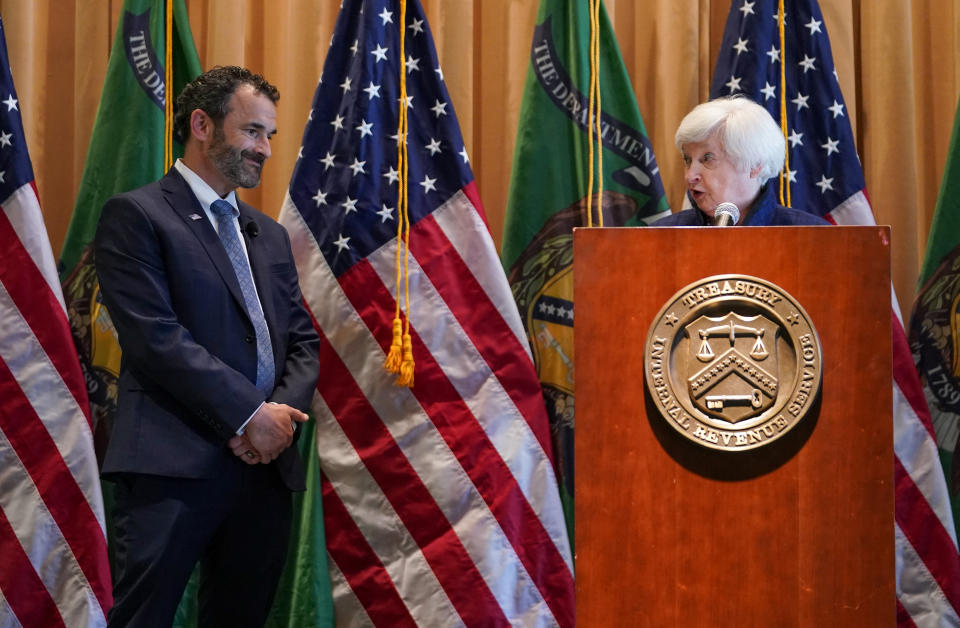 U.S. Treasury Secretary Janet Yellen delivers remarks at the ceremonial swearing-in of Internal Revenue Service (IRS) Commissioner Danny Werfelin at the Internal Revenue Service Headquarters Building in Washington, U.S,  April 4, 2023.  REUTERS/Kevin Lamarque