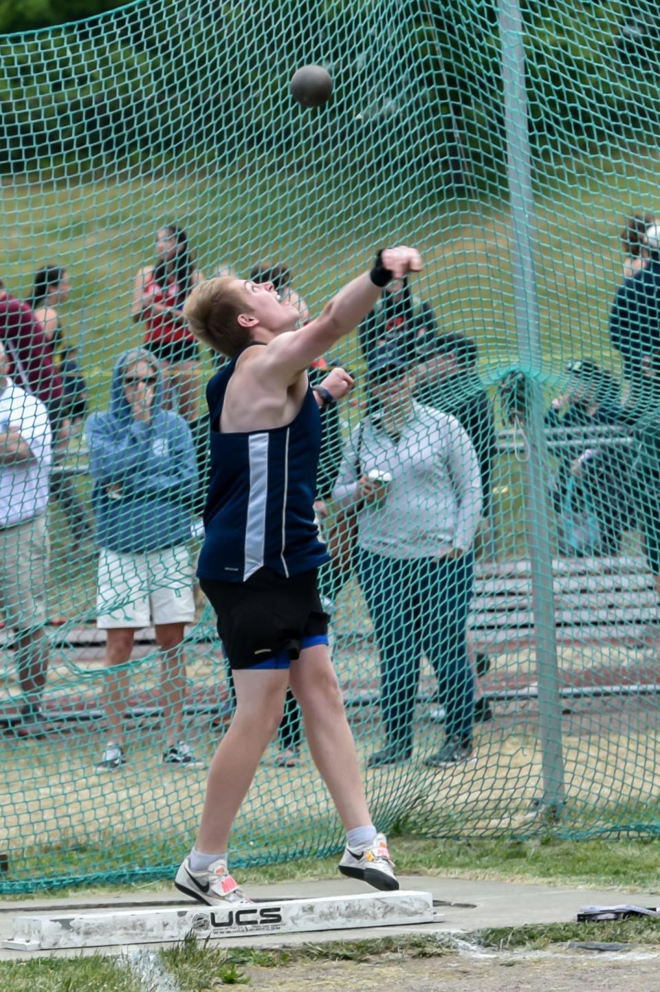 Burlington's Winslow Sightler wins the boys shot put for his second field event win during the 2023 Vermont State D1 Track and Field Championships at Burlington High School.