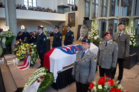 An honour guard made of Police and Federal Armed Force officers stands next to the coffin of the Kassel District President, Walter Luebcke, who was shot, during his funeral at the St. Martin Church in Kassel