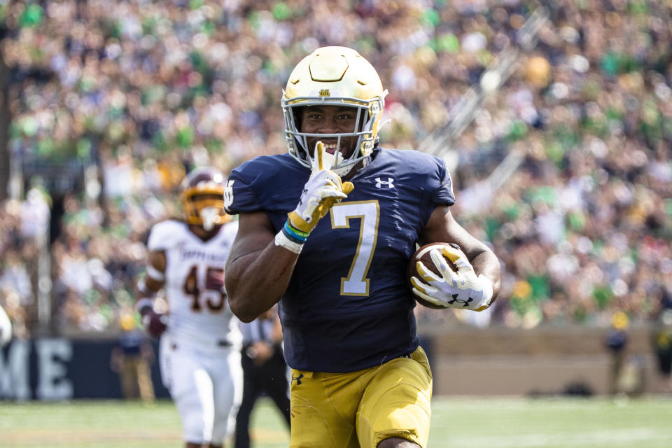Notre Dame's Audric Estimé (7) celebrates as he scores during the first half of an NCAA college football game against Central Michigan on Saturday, Sept. 16, 2023, in South Bend, Ind. (AP Photo/Michael Caterina)
