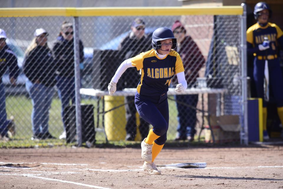 Algonac's Brianna Thomason runs to first base during a game earlier this season. She had two RBIs in the Muskrats' 5-4 win over Grass Lake in a Division 3 state quarterfinal on Tuesday.