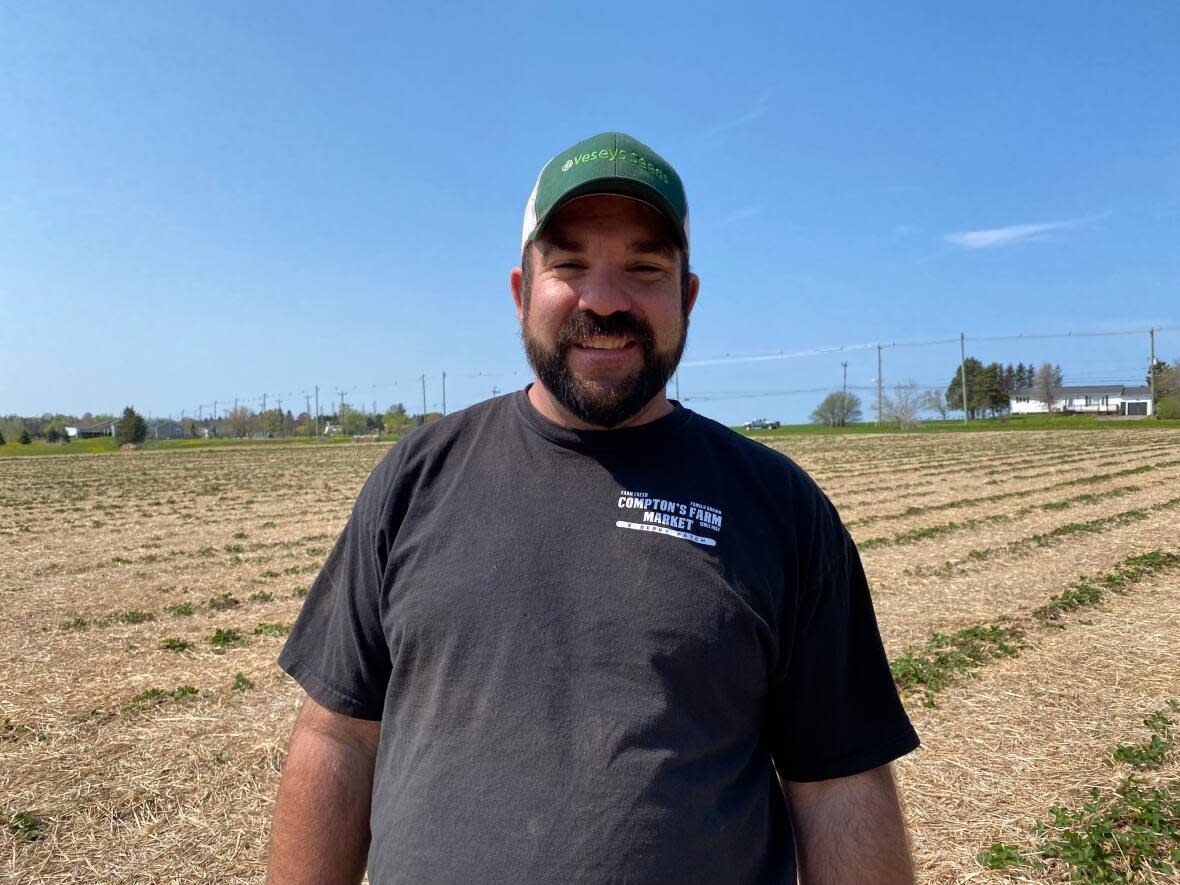Matthew Compton was working in his strawberry field in Summerside, P.E.I., on Sunday. (Stacey Janzer/CBC - image credit)
