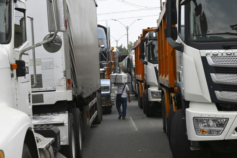 Un barrage de camionneurs manifestant contre l'augmentation du prix du diesel à Cali, en Colombie, le 5 septembre 2024 (JOAQUIN SARMIENTO)