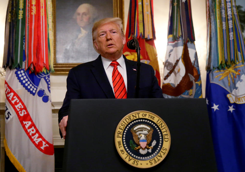 U.S. President Donald Trump makes a statement at the White House following reports that U.S. forces attacked Islamic State leader Abu Bakr al-Baghdadi in northern Syria, in Washington, U.S., October 27, 2019. REUTERS/Jim Bourg