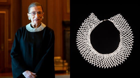 This white beaded collar was Ginsburg's favorite. She wore it during many historical milestones and portrait sessions throughout her career.<span class="copyright">Lynsey Addario—Getty Images Reportage; Elinor Carucci for TIME</span>
