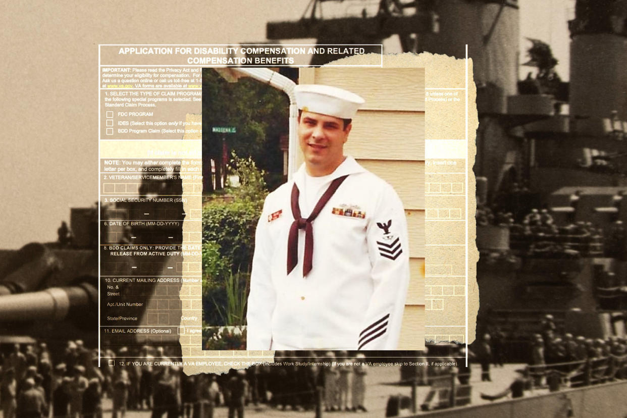 Collage of John Colage along with disability form and USS Iowa. (Domenick Fini / NBC News)