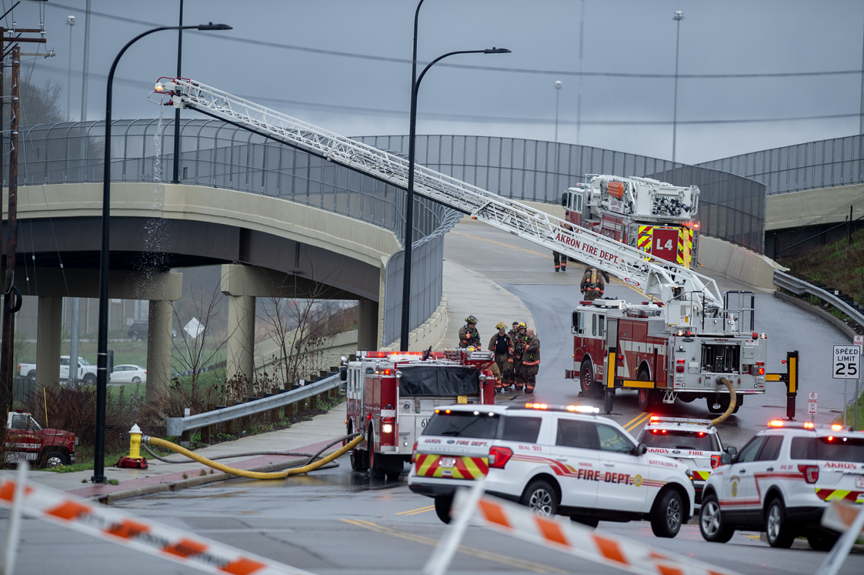 East South Street was blocked off to dump water on the warehouse fire on Sweitzer Avenue Thursday.