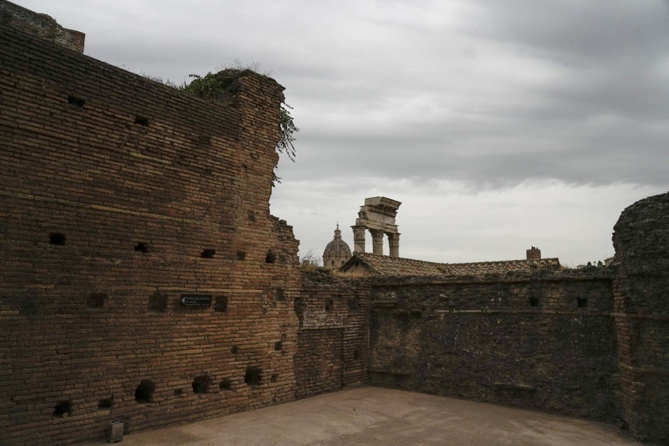 The walls of the newly restored domus Tiberiana, one of the main imperial palaces, are pictured during the press preview on Rome's Palatine Hill, in Rome, Italy, Wednesday, Sept. 20, 2023. The Domus Tiberiana will reopen to the public on Sept. 21. (AP Photo/Gregorio Borgia)