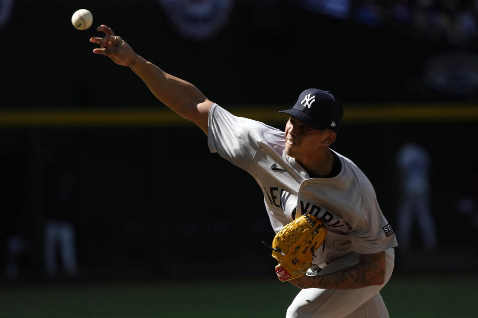 New York Yankees pitcher Jonathan Loáisiga throws against the Arizona Diamondbacks in the ninth inning during a baseball game, Wednesday, April 3, 2024, in Phoenix. Loáisiga said he needs season-ending elbow surgery and will be sidelined for 10-to-12 months. The29-year-old right-hander, said he felt a pop in his elbow while throwing a changeup to Jorge Barrosa, his final batter in the ninth inning of Wednesday's 6-5, 11-inning win at Arizona. (AP Photo/Rick Scuteri)