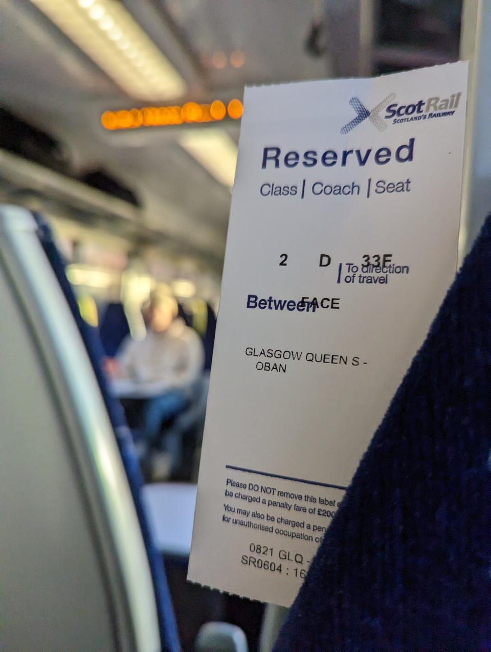 reserved seat on west highlands train