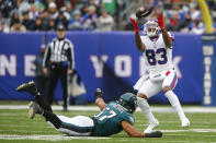 New York Giants Pharoh Cooper, right, tries to make a catch during the first half of an NFL football game against the Philadelphia Eagles, Sunday, Nov. 28, 2021, in East Rutherford, N.J. (AP Photo/John Munson)