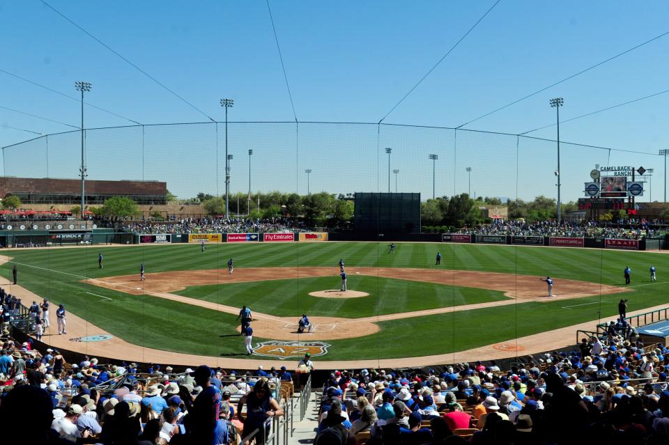 A general view of a spring training game between the Los Angeles Dodgers and the Chicago Cubs at Camelback Ranch in 2017.