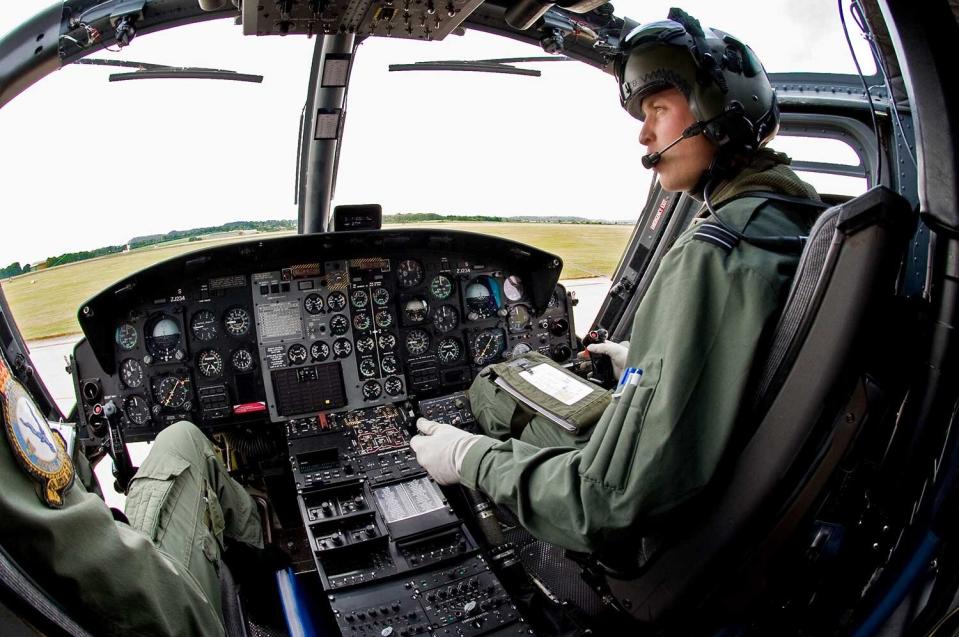 Prince William, Flt Lt William Wales, flies a Griffin helicopter with 60 squadron Defence helicopter flying school at RAF Shawbury on June 18, 2009 in Shawbury, England.