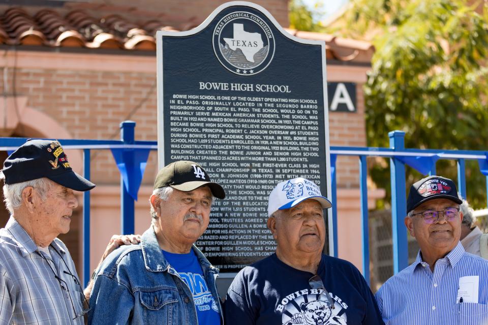 Bowie High School alums gather by the school's Texas Historical Marker. It was unveiled at a celebration on Wednesday, Sept. 27, 2023, at Guillen Middle School — Bowie's original location.