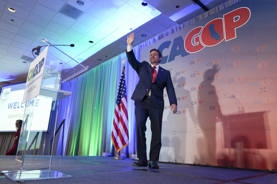 Florida Gov. Ron DeSantis is introduced before speaking at the California Republican Party Convention, Friday, Sept. 29, 2023, in Anaheim, Calif. (AP Photo/Ashley Landis)