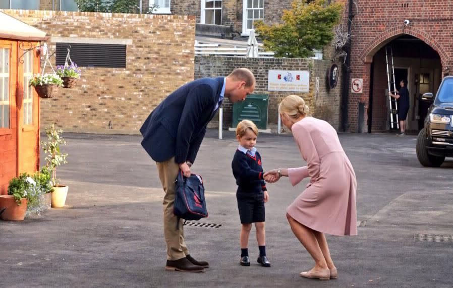 Prince George looked nervous as he entered the school with his father Prince William. Source: Kensington Palace