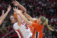 Princeton forward Ellie Mitchell (00) defends against Utah forward Alissa Pili (35) during the second half of a second-round college basketball game in the women's NCAA Tournament, Sunday, March 19, 2023, in Salt Lake City. (AP Photo/Rick Bowmer)