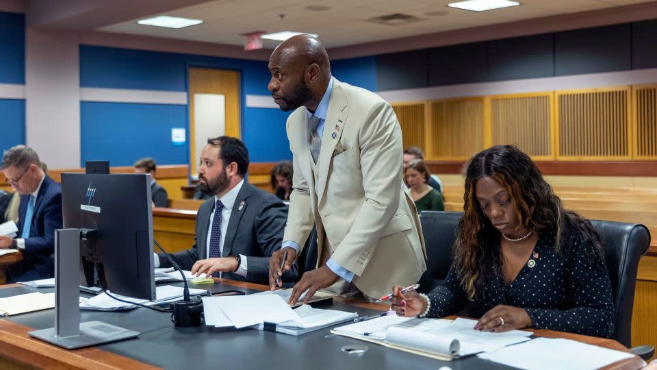 Fulton County Special Prosecutor Nathan Wade speaks to Fulton County Superior Judge Scott McAfee during a jury questionnaire hearing at the Fulton County Courthouse on October 16, 2023 in Atlanta, Georgia. - Alyssa Pointer/Getty Images