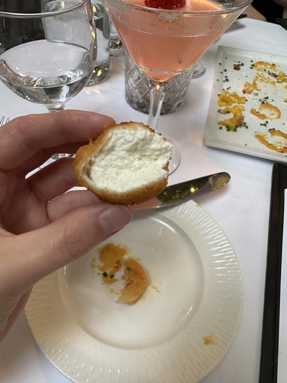 Interior shot of one goat cheese ball