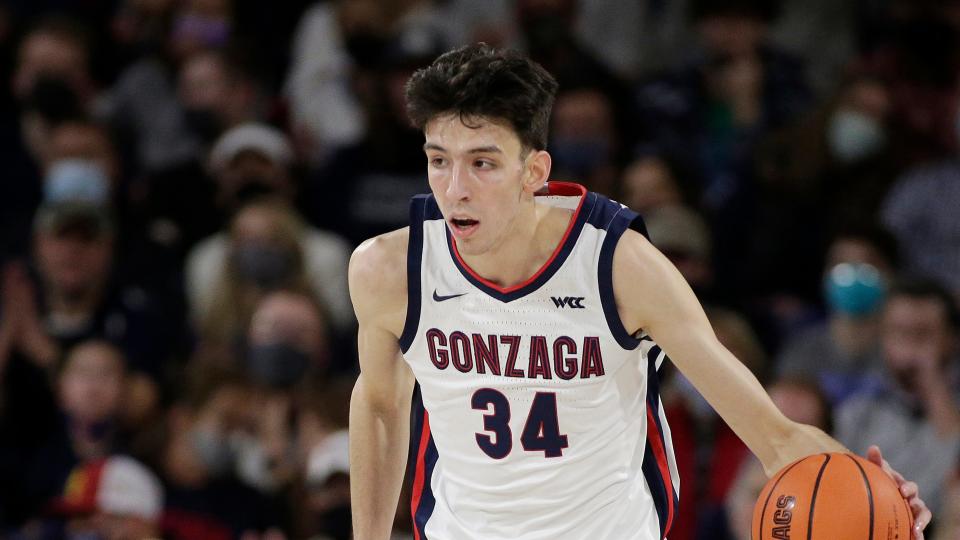 Gonzaga center Chet Holmgren controls the ball during the first half of an NCAA college basketball game against Northern Arizona, Monday, Dec. 20, 2021, in Spokane, Wash.
