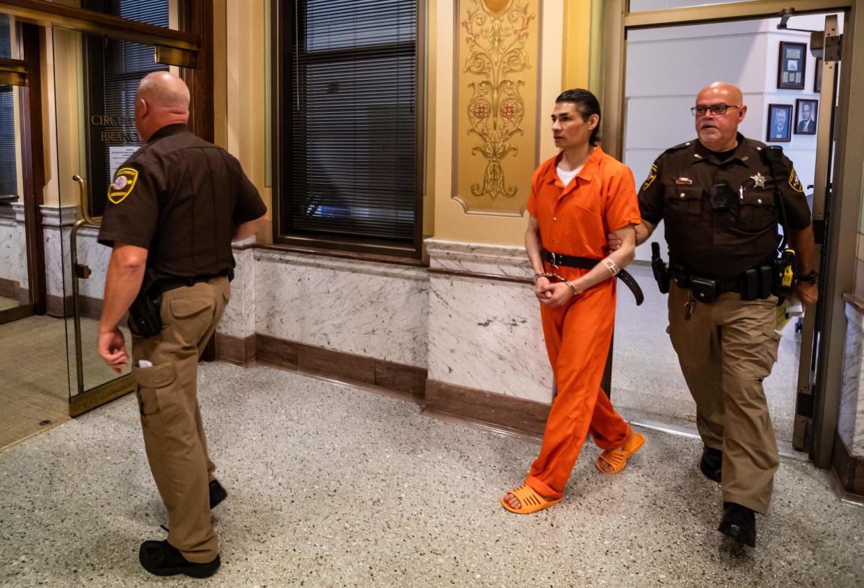 David Villareal, a former Green Bay School District teacher, is led to his sentencing for four counts of felony child sexual assault in the Brown County Courthouse on July 21, 2023, in Green Bay, Wis.