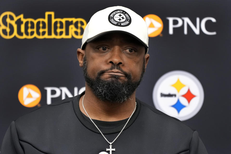 Pittsburgh Steelers head coach Mike Tomlin holds his season-ending meeting with reporters at the NFL football team's practice facility in Pittsburgh, Thursday, Jan. 18, 2024. (AP Photo/Gene Puskar)