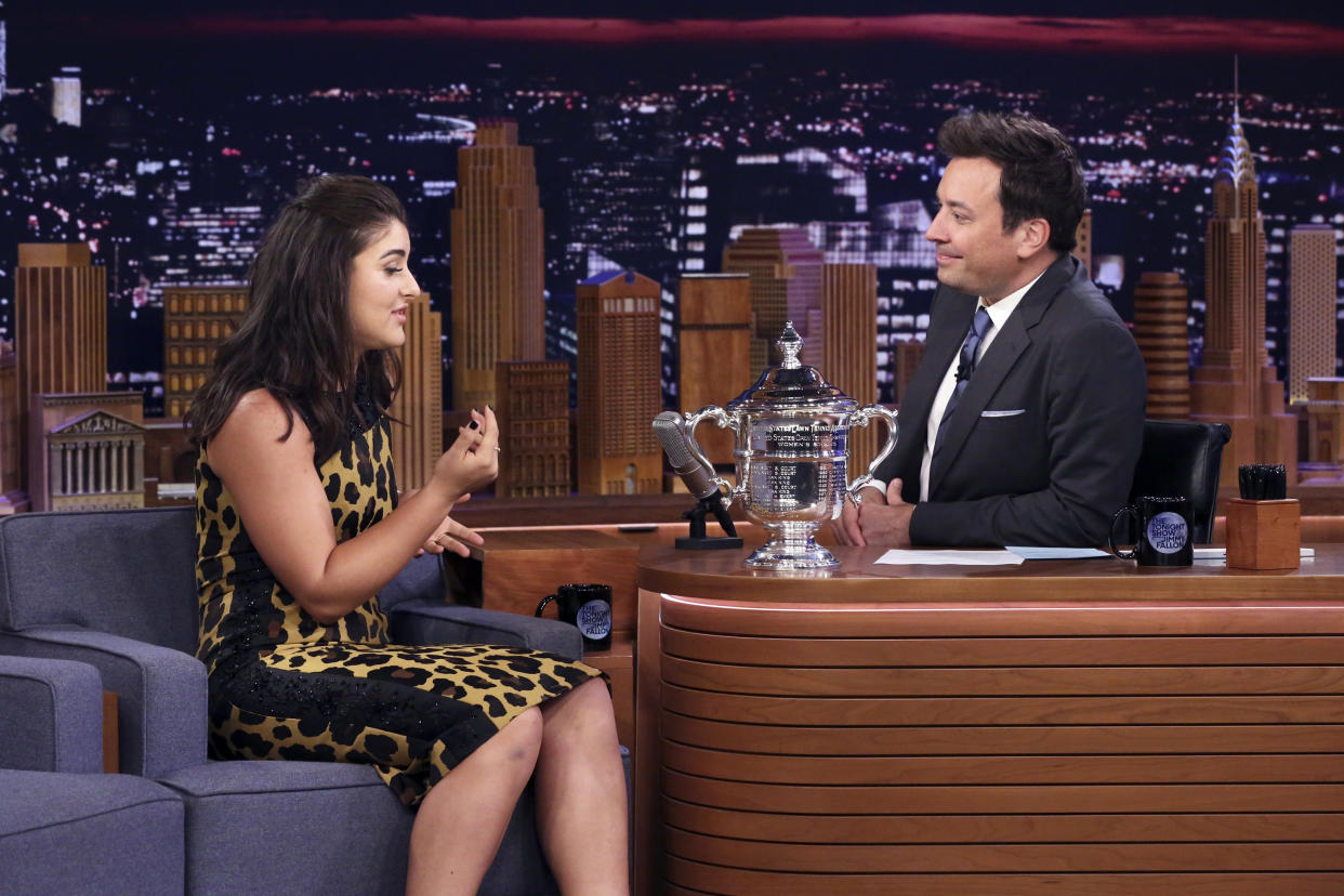 THE TONIGHT SHOW STARRING JIMMY FALLON -- Episode 1115 -- Pictured: (l-r) US Open Women's Singles champion Bianca Andreescu during an interview with host Jimmy Fallon on September 9, 2019 -- (Photo by: Andrew Lipovsky/NBC/NBCU Photo Bank via Getty Images)