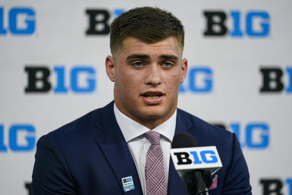 Indiana linebacker Micah McFadden talks to reporters during an NCAA college football news conference at the Big Ten Conference media days, at Lucas Oil Stadium in Indianapolis, Friday, July 23, 2021. (AP Photo/Michael Conroy)