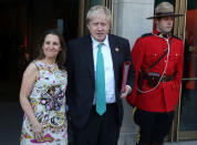 Canada's Minister of Foreign Affairs Chrystia Freeland is joined by Britain's Foreign Secretary Boris Johnson prior to a reception at the Royal Ontario Museum on the first day of meetings for foreign ministers from G7 countries in Toronto, Ontario, Canada April 22, 2018. REUTERS/Fred Thornhill