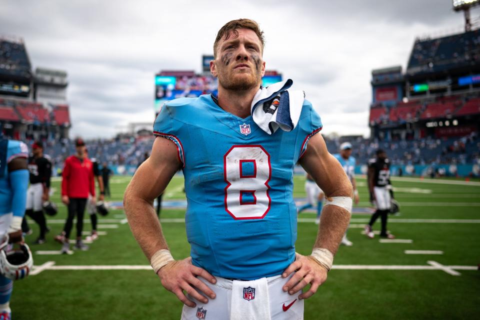 Tennessee Titans quarterback Will Levis (8) celebrates on the field after defeating the Atlanta Falcons at Nissan Stadium in Nashville, Tenn., Sunday, Oct. 29, 2023.