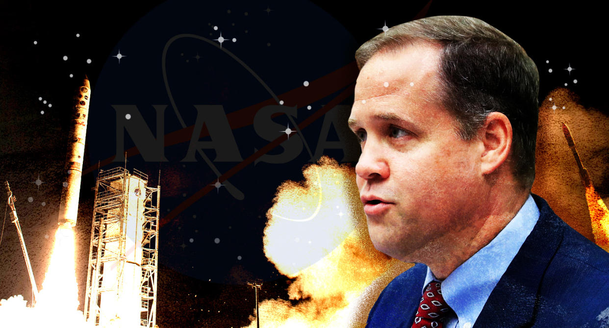 NASA administrator Jim Bridenstine vows to leave politics in the past as he leads the agency toward returning to the moon and eventually traveling to Mars. (Photo illustration: Yahoo News; photos: AP, NASA)