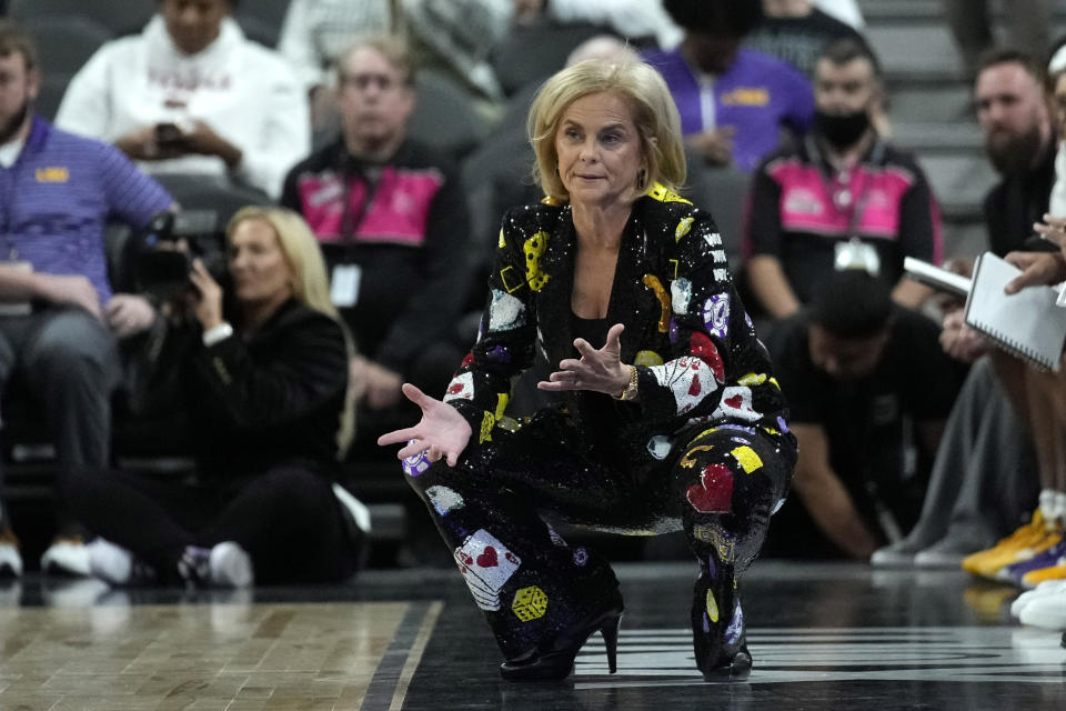 LSU head coach Kim Mulkey watches during the first half of an NCAA college basketball game Monday against Colorado, Nov. 6, 2023, in Las Vegas. (AP Photo/John Locher)