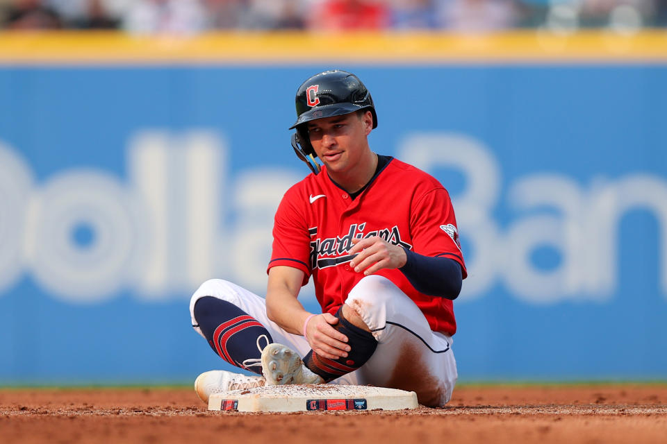 Cleveland Guardians&#39; Will Brennan later apologized for hitting the bird by mistake. (Photo by Frank Jansky/Icon Sportswire via Getty Images)