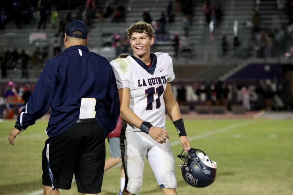 La Quinta quarterback Tommy Ansley, shown here in a game versus Shadow Hills on Oct. 28, 2022, has had a lot to smile about these days.