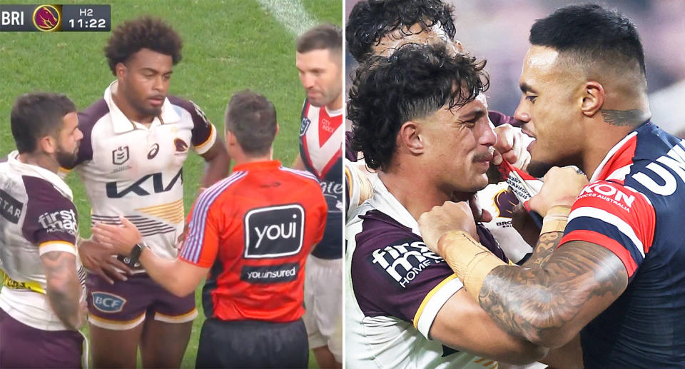 Brisbane star Ezra Mam has accused Roosters recruit Spencer Leniu of making a racial slur towards him. Pic: Fox League/Getty