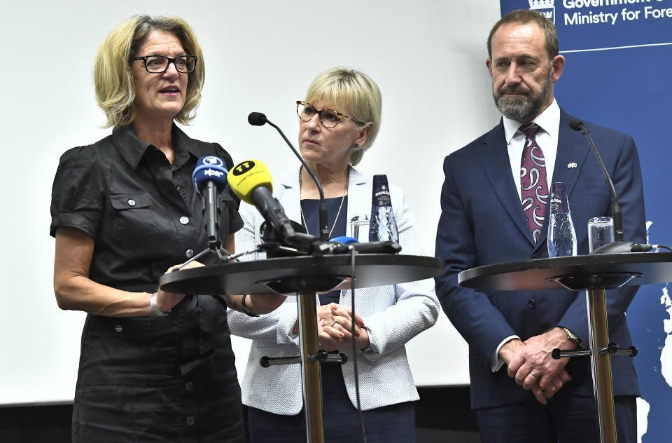 News conference with Sweden's Foreign Minister Margot Wallstrom, centre, Canada's Secretary Pamela Goldsmith Jones, left, and New Zealand's Attorney General Andrew Little, after the meeting on nuclear dIsarmament and the Non-Proliferation Treaty, in Stockholm, Sweden, Tuesday June 11, 2019. (Claudio Bresciani / TT via AP)